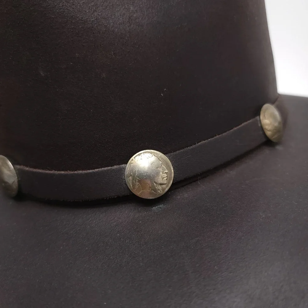 Henschel Hat Co. Brown Leather Western Buffalo Nickel Coin Banded Hat‎ Sz M
